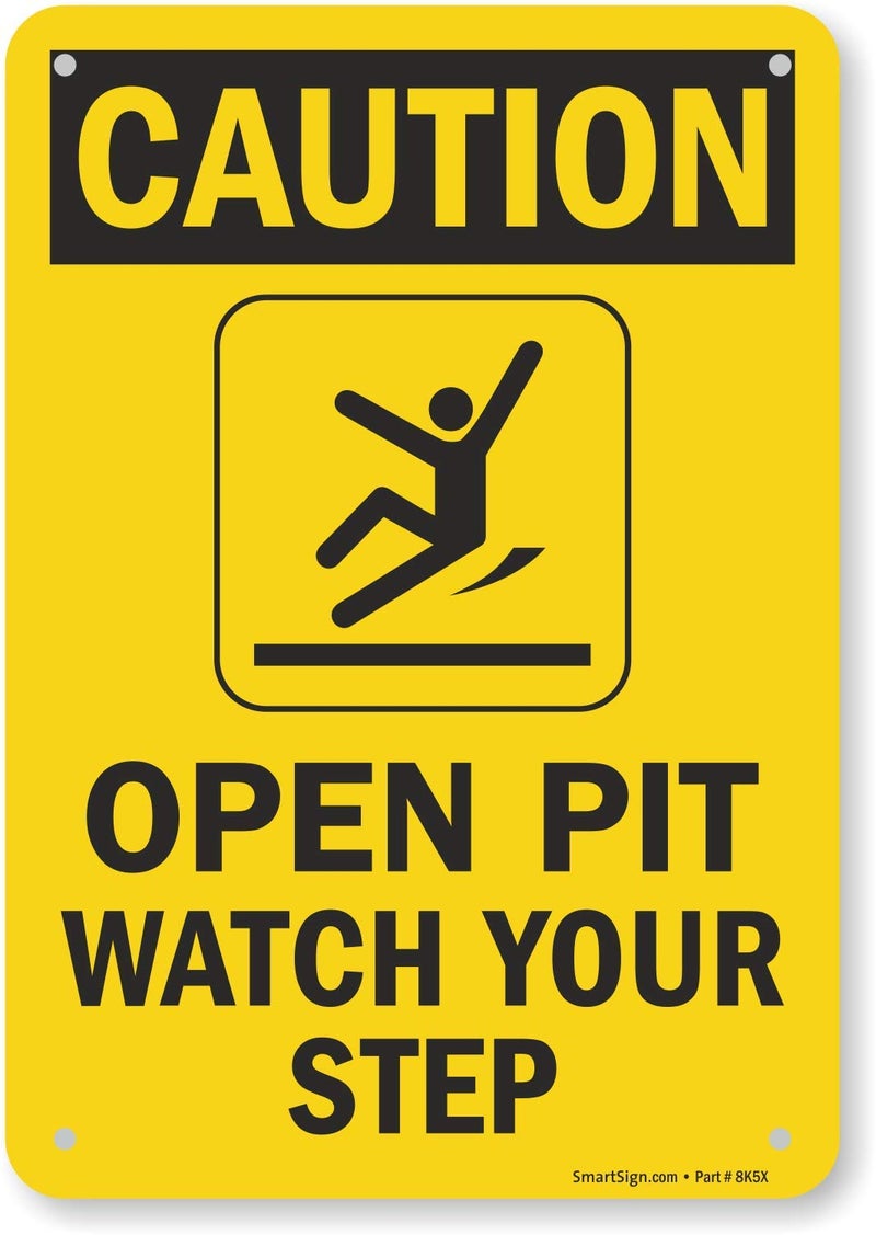 SmartSign 10 x 7 inch â€œCaution - Open Pit, Watch Your Stepâ€ OSHA Sign, Digital Printing, 55 mil HDPE Plastic, Black and Yellow - Image 1